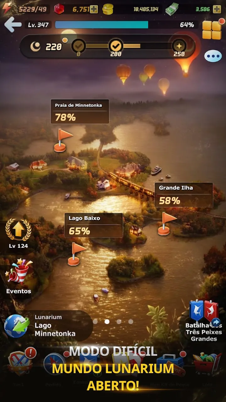 Mapa de região em Ace Fishing com três pesqueiros assinalados por bandeiras e percentagens