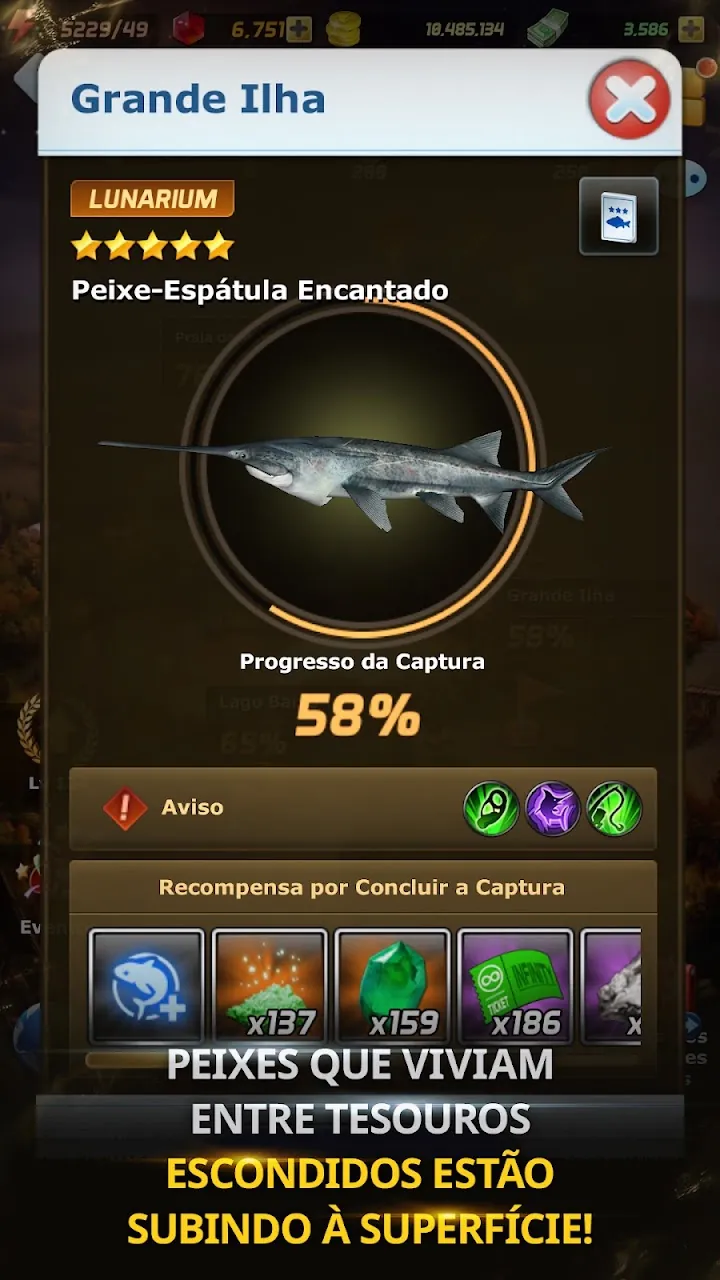 Ficha de espécie em Ace Fishing com progresso da captura e recompensas de conclusão