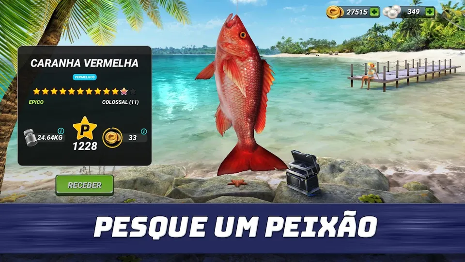 Caranha vermelha capturada numa praia tropical com ficha de raridade, peso e pontos