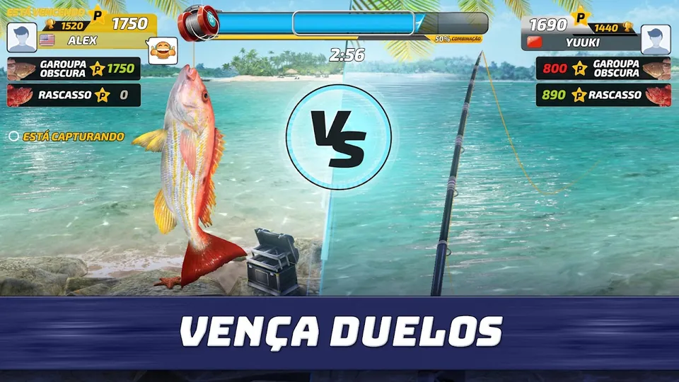 Duelo em Fishing Clash com os marcadores dos dois jogadores e o cronómetro ao centro