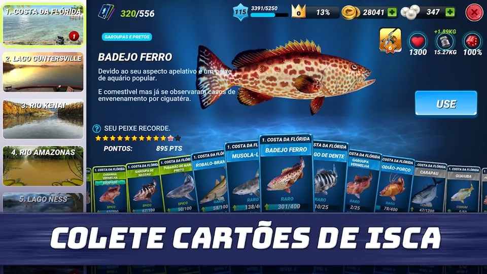 Baralho de cartões de isco de Fishing Clash com lista de pesqueiros à esquerda